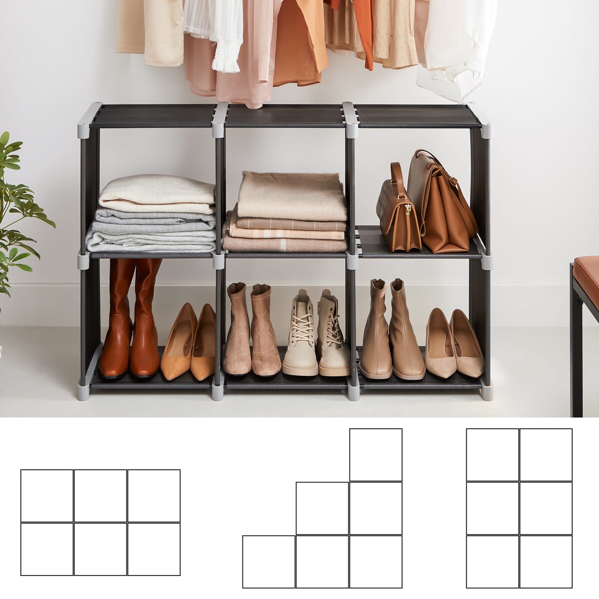 Regał Modułowy 105X30X105 Cm Czarna Tkanina, Szare Łączniki, Czarne Rurki