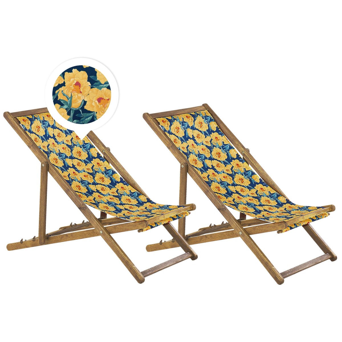 Zestaw 2 leżaków ogrodowych jasne drewno akacjowe wzór w kwiaty żółty ANZIO