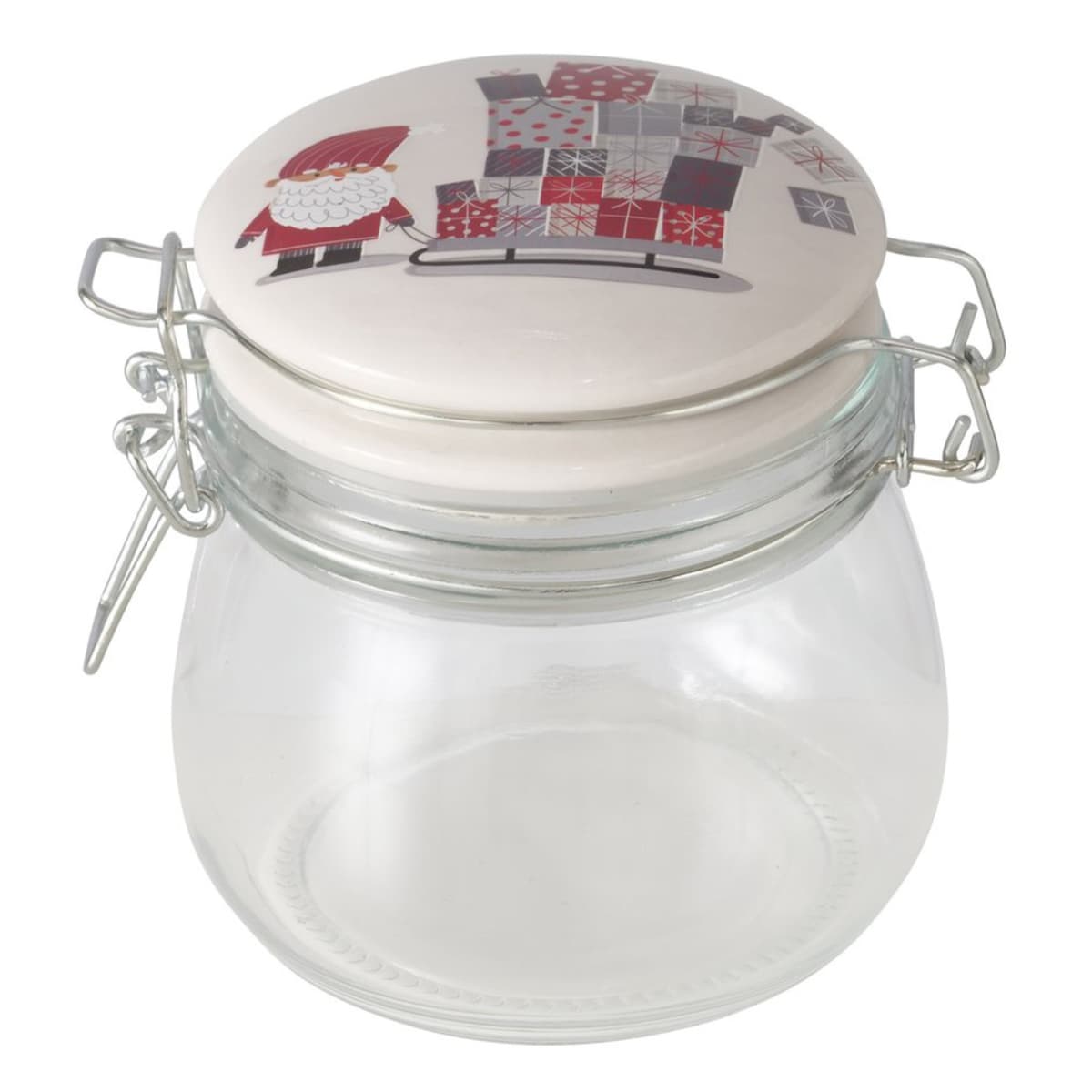Słoik z porcelanową pokrywką MONTI, 450 ml, kolor przezroczysty, motyw Mikołaj z prezentami