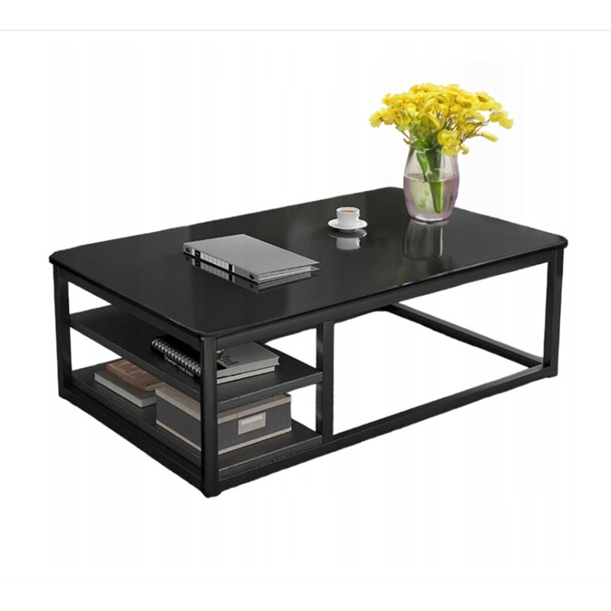 STOLIK KAWOWY NOWOCZESNY ŁAWA Z PÓŁKAMI POKÓJ SALON DUŻY CZARNY LOFT 120 CM