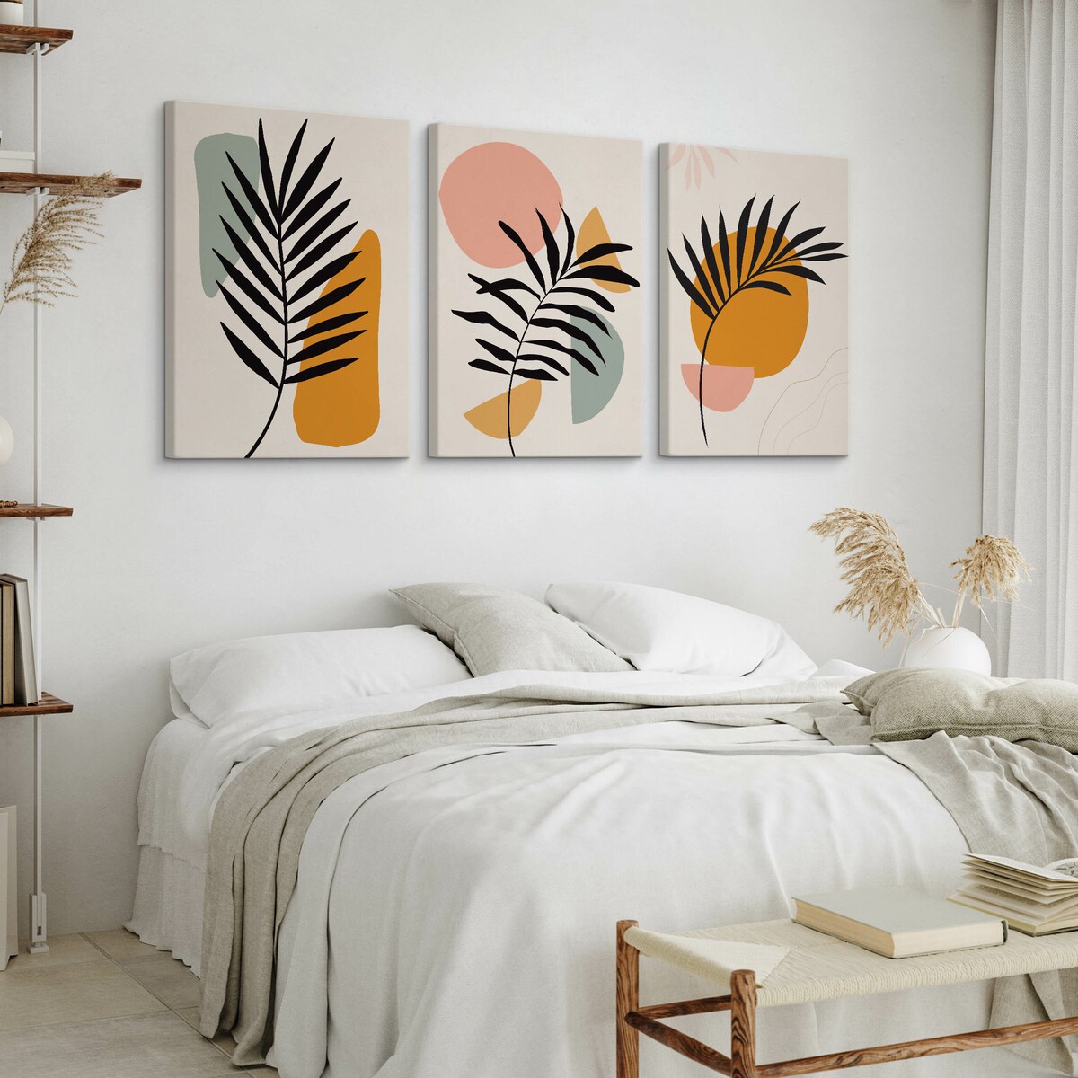 OBRAZY DO SALONU SET LIŚCIE PALMOWE NATURA ABSTRAKCJA STYL BOHO 90x40cm