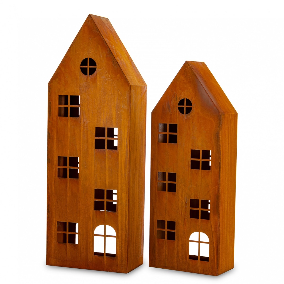 Wysokie metalowe domki 2 szt. świeczniki 120x42x23 i 100x36x20 cm THUMBA