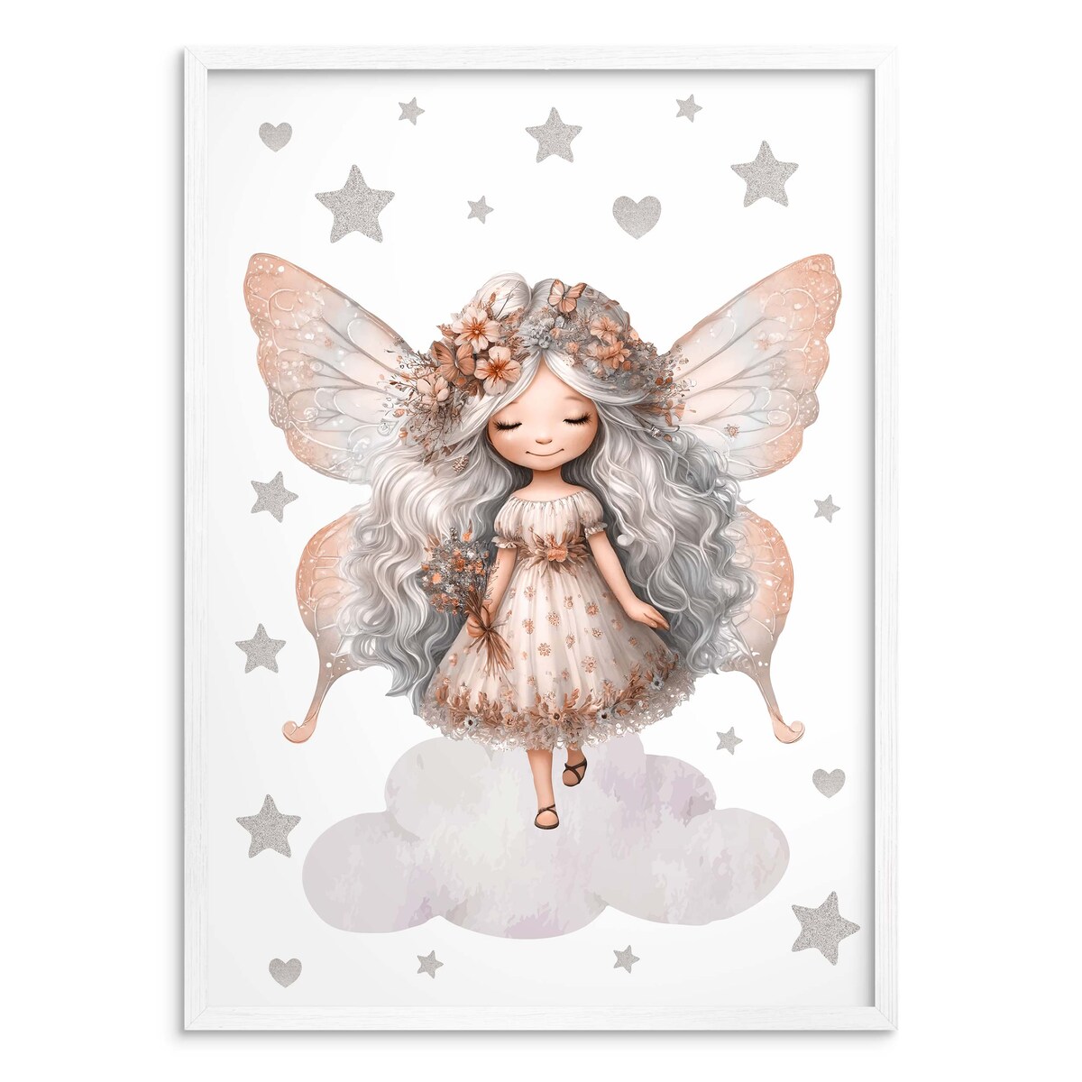 Beżowy Obrazek do pokoju dziecka Plakat w ramie dla dziewczynki Wróżka