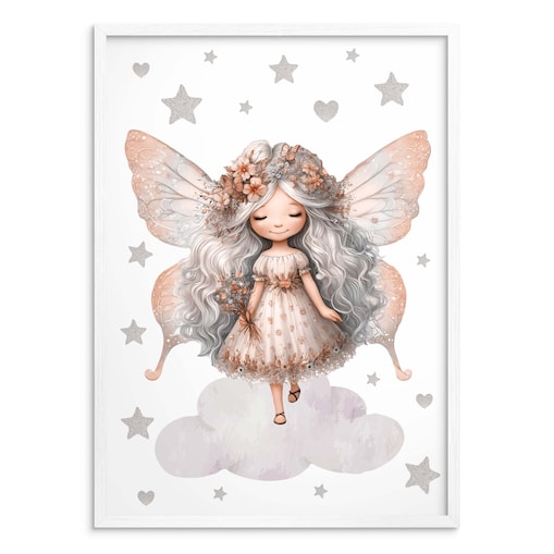 Beżowy Obrazek do pokoju dziecka Plakat w ramie dla dziewczynki Wróżka