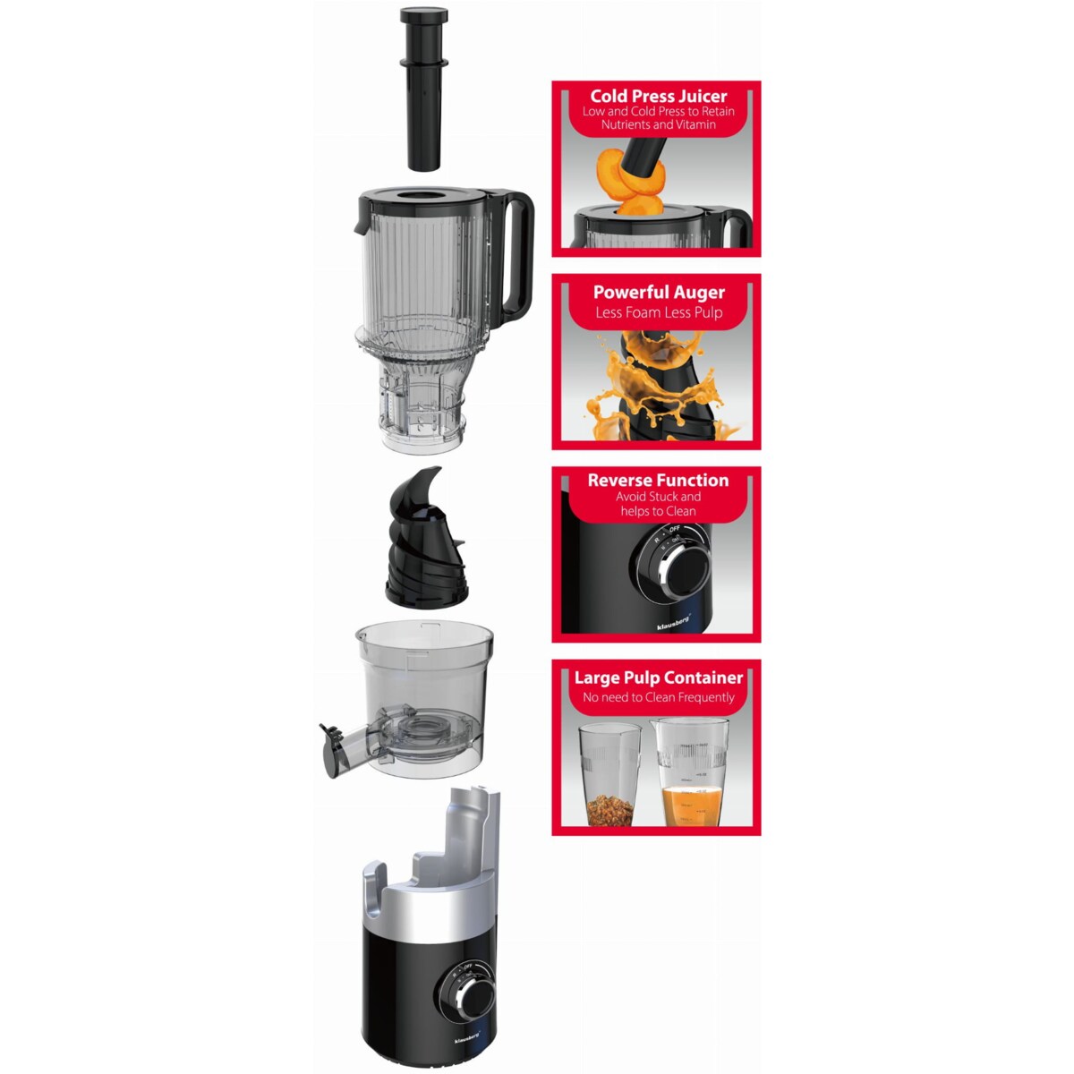 Sokowirówka wolnoobrotowa 180W do owoców i warzyw COLD PRESS KLAUSBERG KB-7881