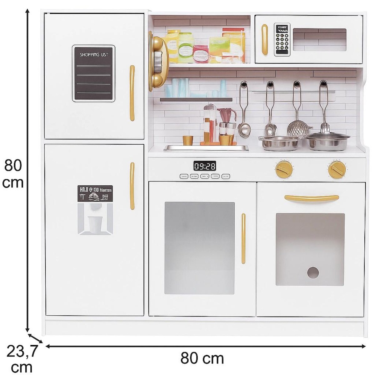 Drewniana kuchnia MILK dla dzieci – biała kuchnia z lodówką, zlewem, mikrofalą i akcesoriami