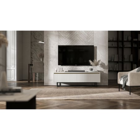 Nowoczesna Szafka RTV Glamour Komoda RTV Biały Mat 140 cm czarny stelaż