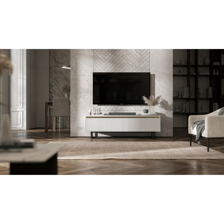 Nowoczesna Szafka RTV Glamour Komoda RTV Biały Mat 140 cm czarny stelaż