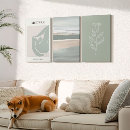 Zestaw 3 dużych obrazów na płótnie - Abstrakcyjne pastelowe kształty roślin - zielony