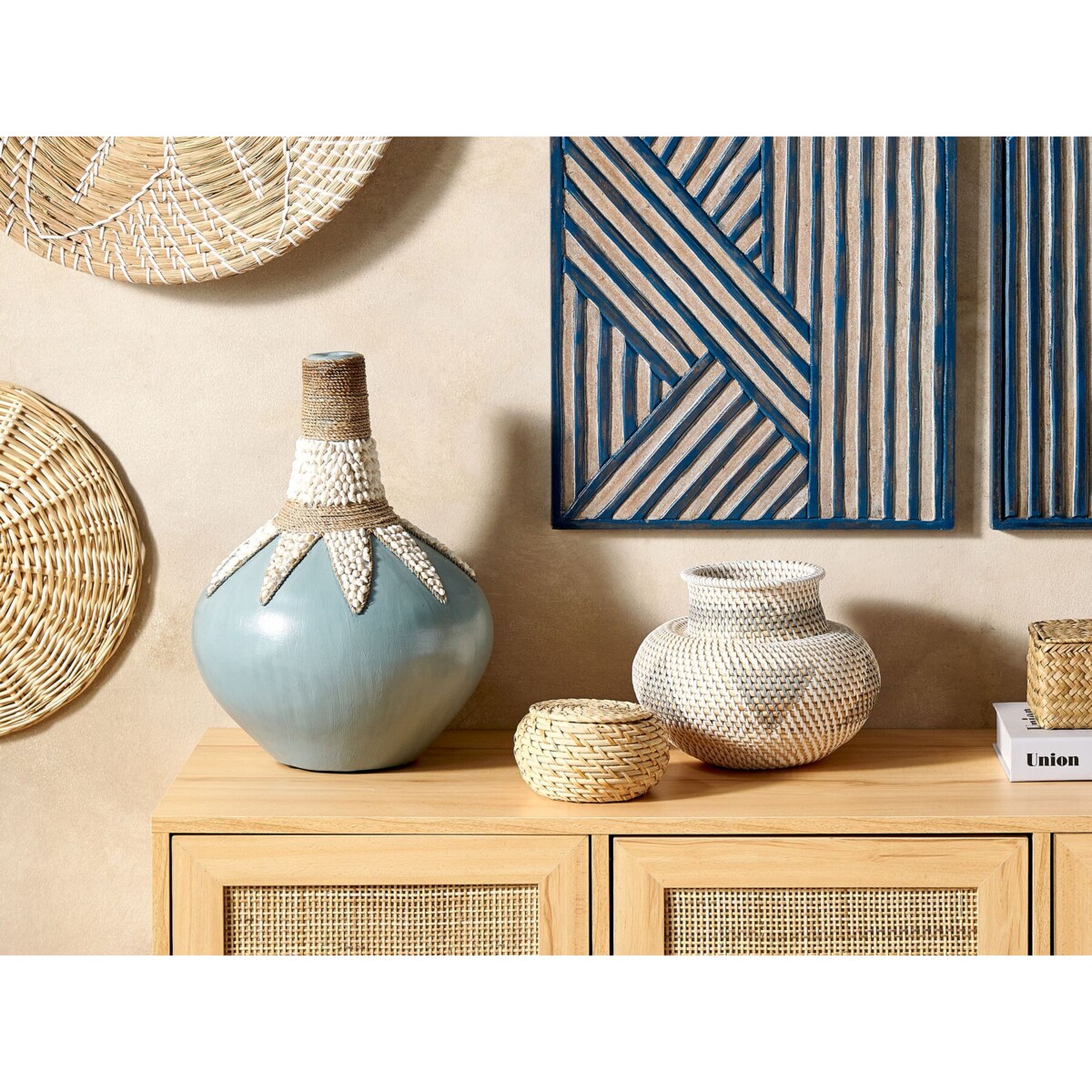 Wazon dekoracyjny rattanowy 22 cm biało-szary ASAHAN