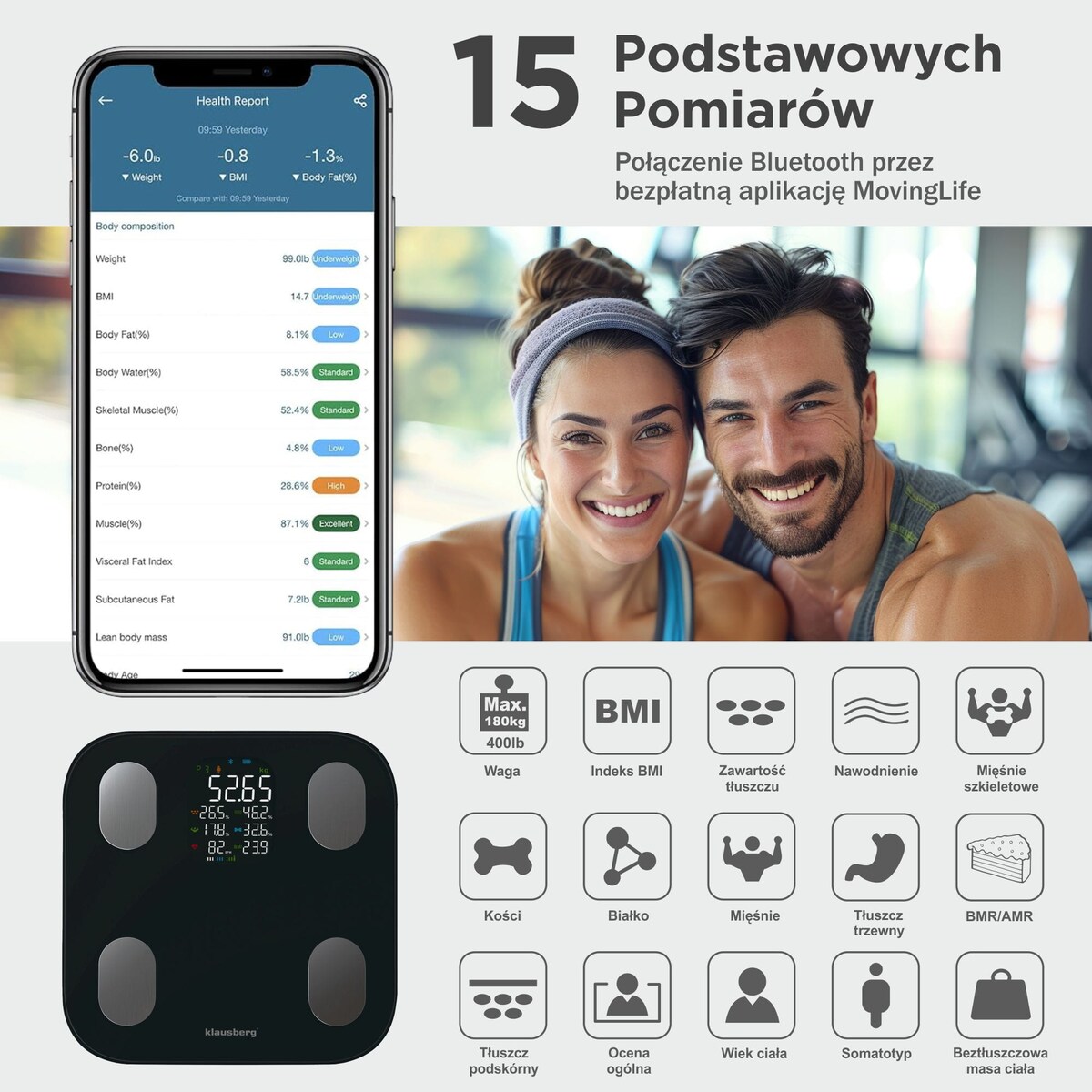 Waga łazienkowa z pomiarem tkanki tłuszczowej i składu ciała, Smart, BT, KLAUSBERG czarna