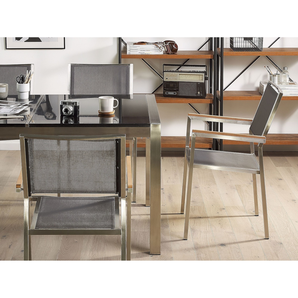 Zestaw ogrodowy stół granitowy dzielony blat szary i 6 krzeseł szarych GROSSETO