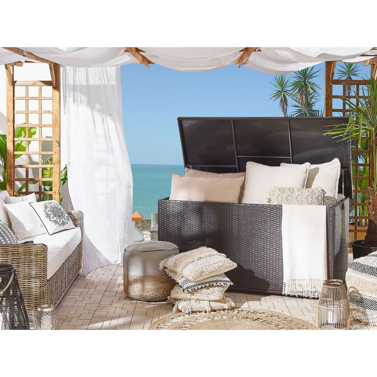 Skrzynia ogrodowa z technorattanu 155 x 75 cm brązowa MODENA