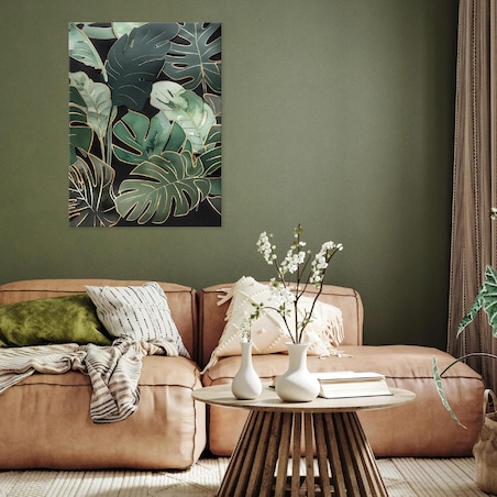 OBRAZ LIŚCIE ZIELONE MONSTERA NA PŁÓTNIE ŚCIANĘ DO SYPIALNI SALONU 100x70