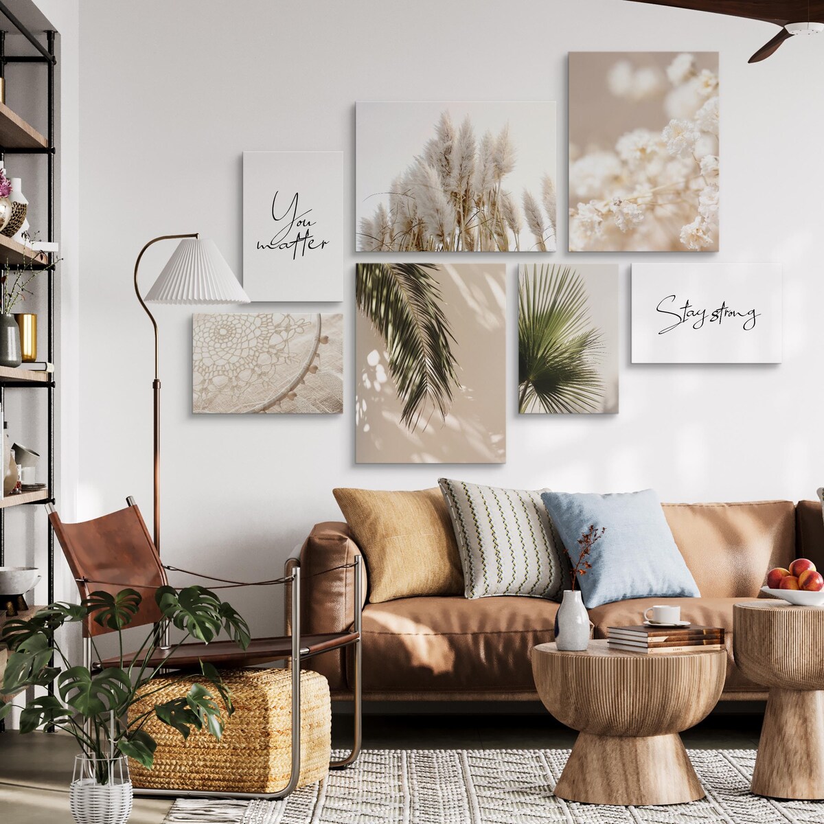 ZESTAW OBRAZÓW DO SALONU TRAWY LIŚCIE TROPIKALNE MAKRAMA STYL BOHO 110x80cm