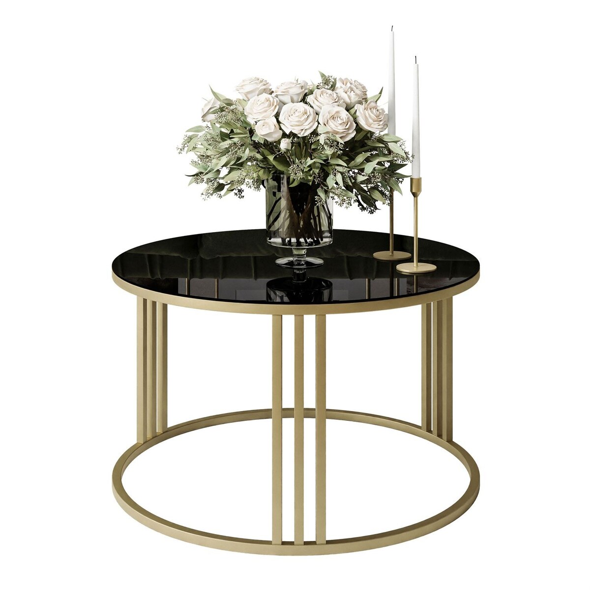 Okrągły stolik kawowy LORI złoty mat czarne szkło