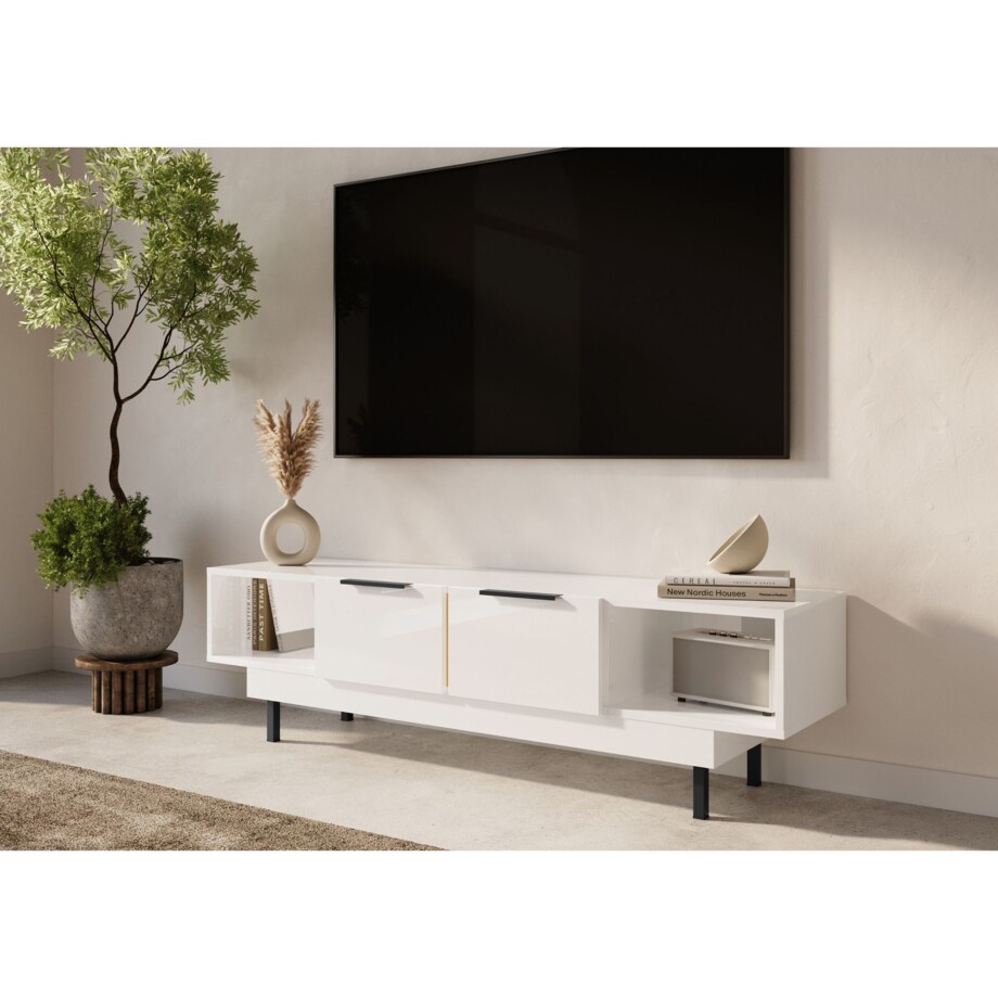 Elegancka biała komoda RTV Dancan ARTEMISA ze złotymi dodatkami / szer. 163 cm