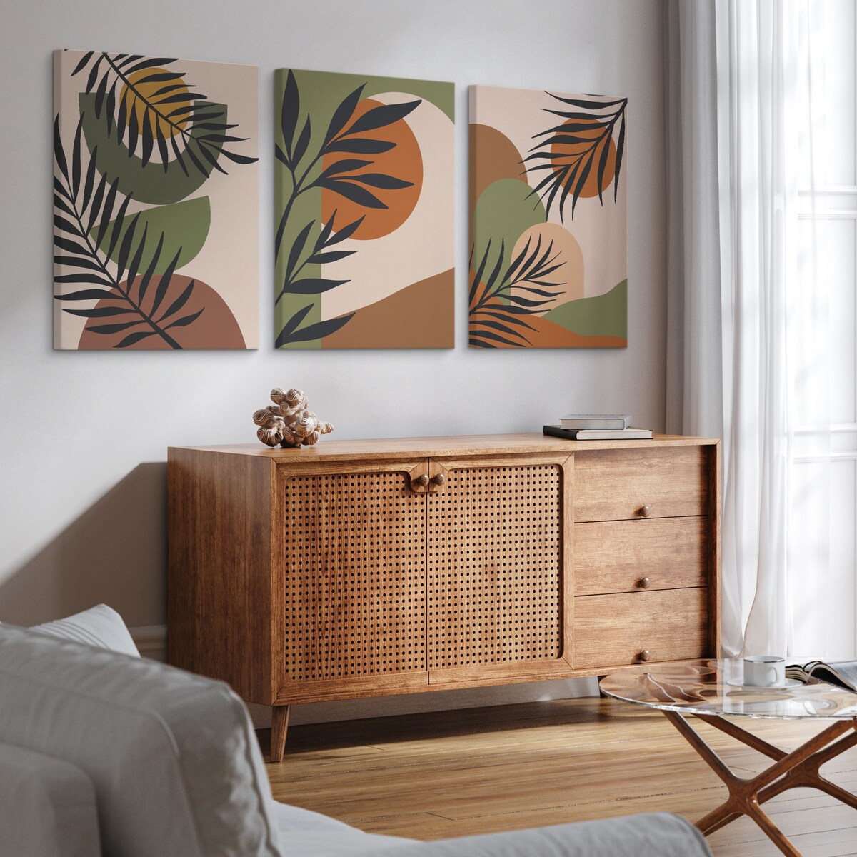 OBRAZY NA ŚCIANĘ SET ABSTRAKCJA LIŚCIE PALMOWE NATURA STYL BOHO 90x40cm