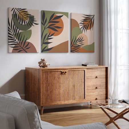 OBRAZY NA ŚCIANĘ SET ABSTRAKCJA LIŚCIE PALMOWE NATURA STYL BOHO 90x40cm