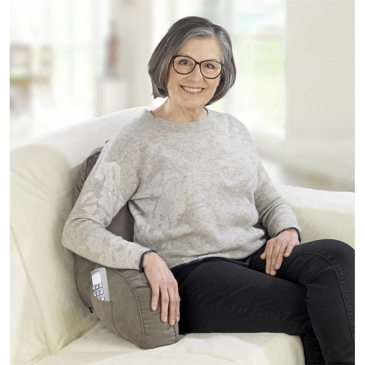 Wygodna poduszka do siedzenia w łóżku z kieszonką na telefon, pilota