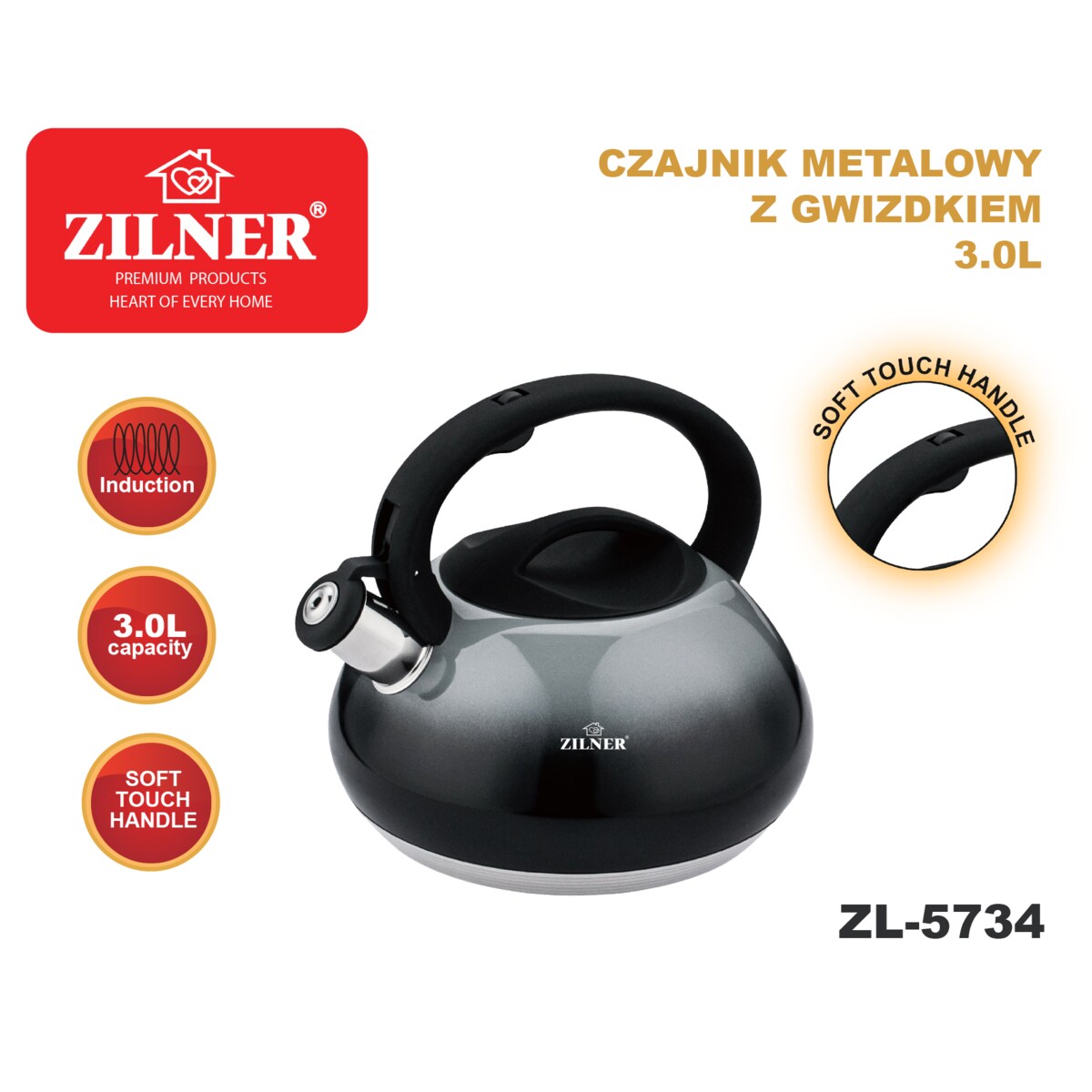 Czajnik na gaz 3L tradycyjny z gwizdkiem błyszczący indukcja ZILNER
