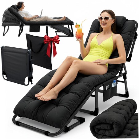 Leżak ogrodowy Sofotel Dream plażowy składany czarny + materac + poduszka + pokrowiec