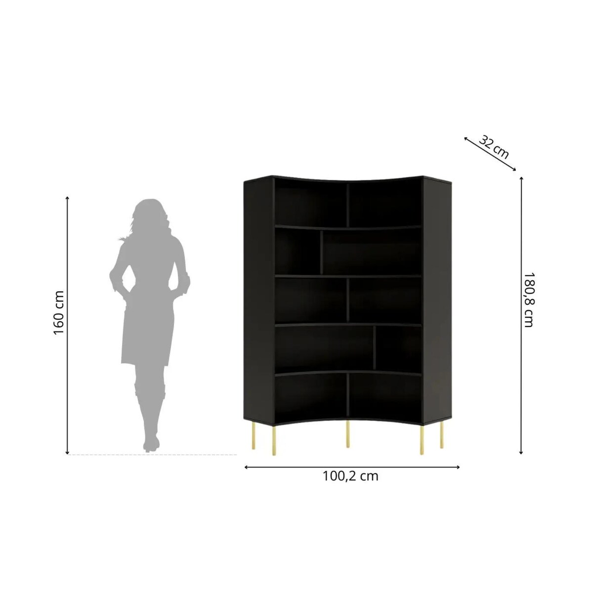 Nowoczesny narożny regał na książki Skandica HORN ze złotymi nogami / czarny