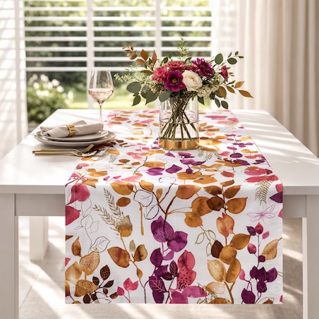 Bieżnik z motywem liści i ptaków Purple Sparrow – 50 × 150 cm