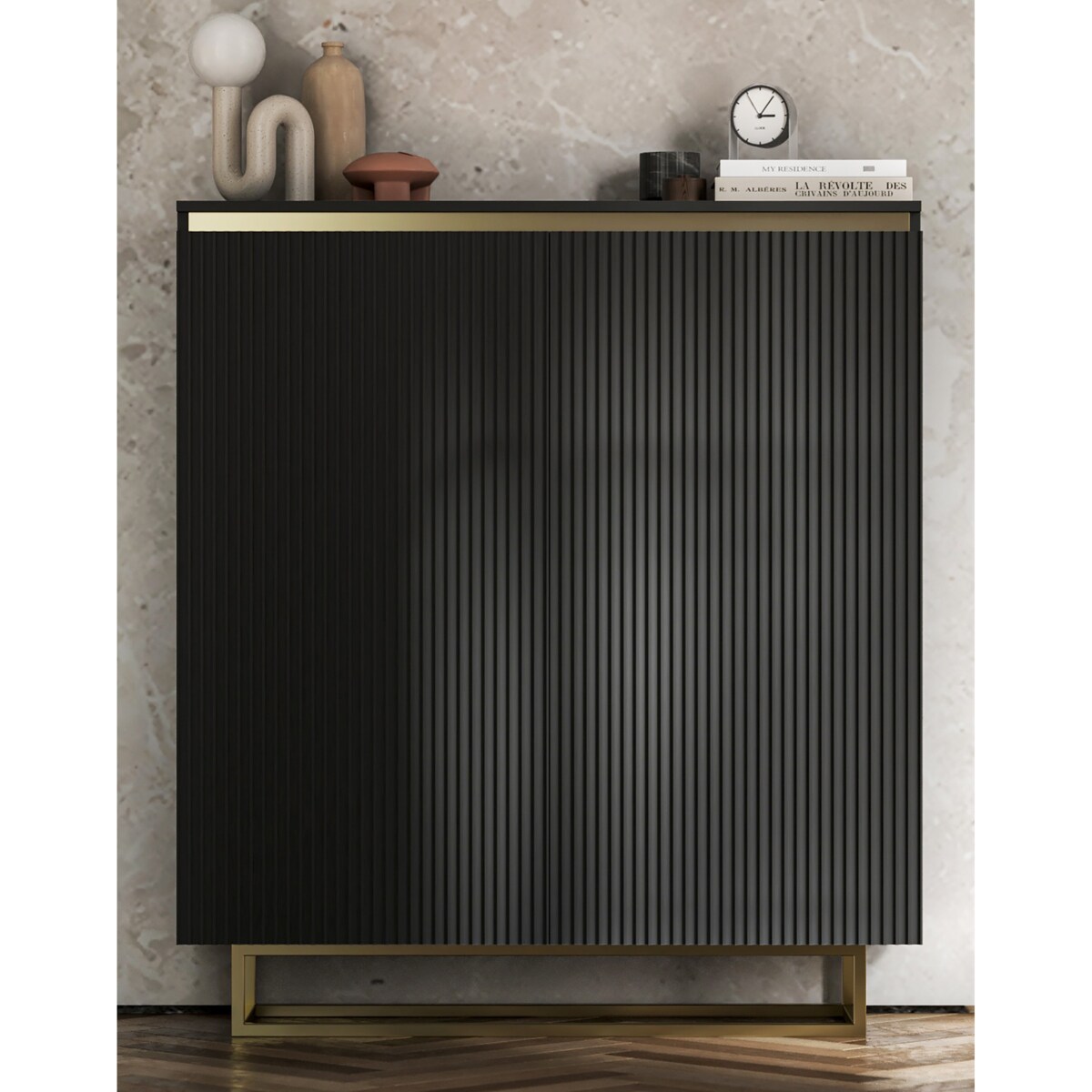 Komoda Glamour Szafka RTV Czarny MAT ryflowane fronty złote akcenty 110,8 cm