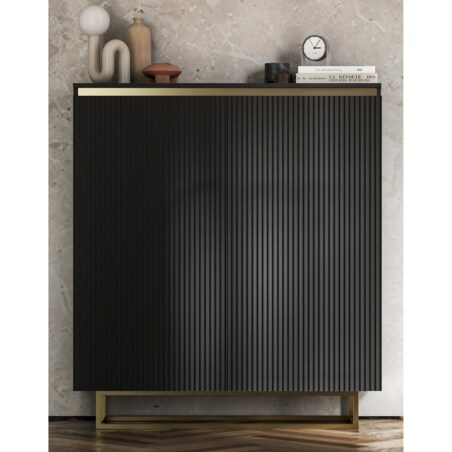 Komoda Glamour Szafka RTV Czarny MAT ryflowane fronty złote akcenty 110,8 cm