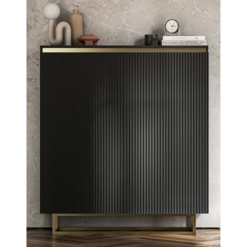 Komoda Glamour Szafka RTV Czarny MAT ryflowane fronty złote akcenty 110,8 cm