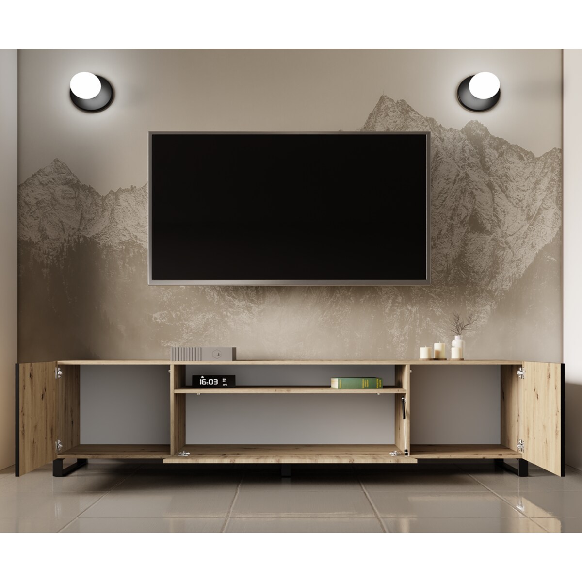 Szafka RTV IGO 200 cm na metalowych nogach, do salonu, jodełka- artisan