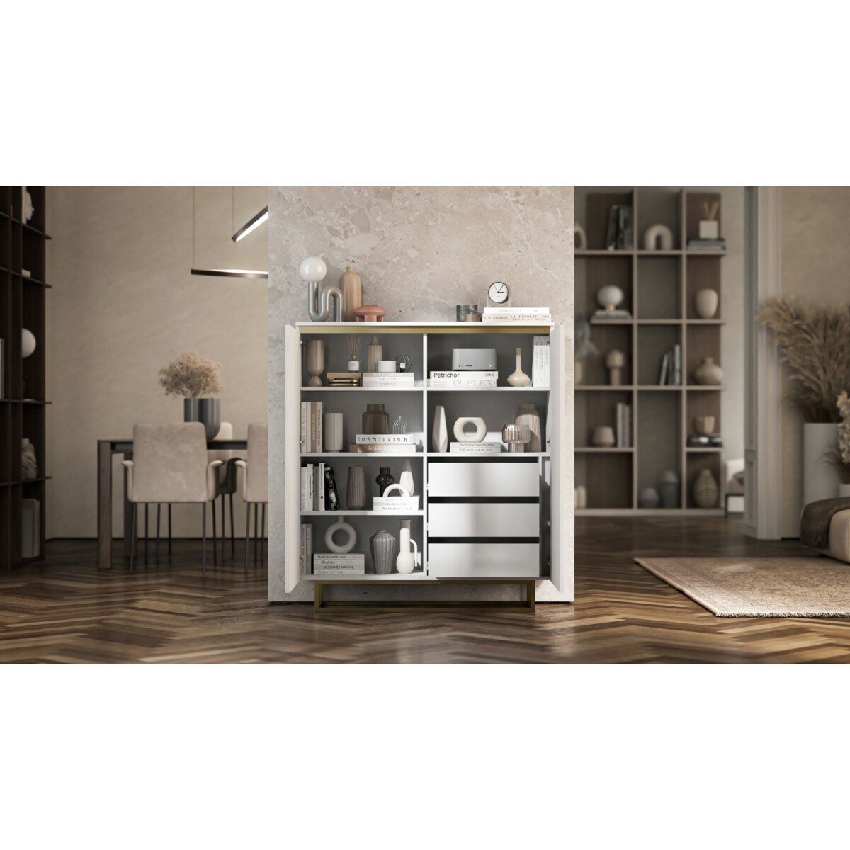 Komoda Glamour Szafka RTV Biały MAT ryflowane fronty złote akcenty 110,8 cm