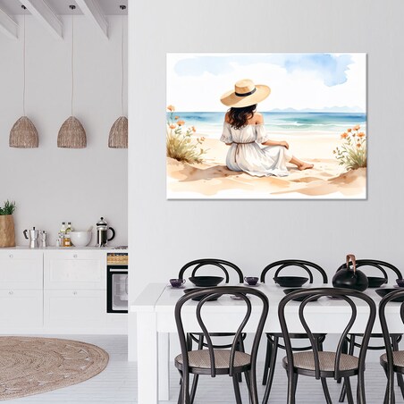 Obraz do salonu sypialni, Kobieta w kapeluszu na plaży 90x60