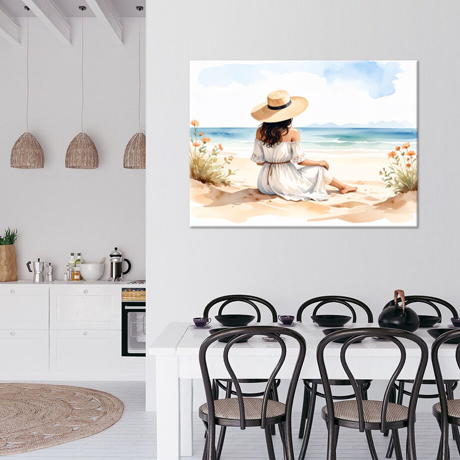 Obraz do salonu sypialni, Kobieta w kapeluszu na plaży 90x60