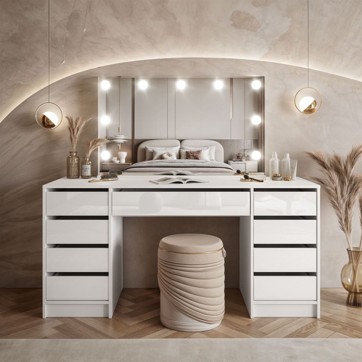 Toaletka MADA ELITE II z lustrem i oświetleniem biały połysk