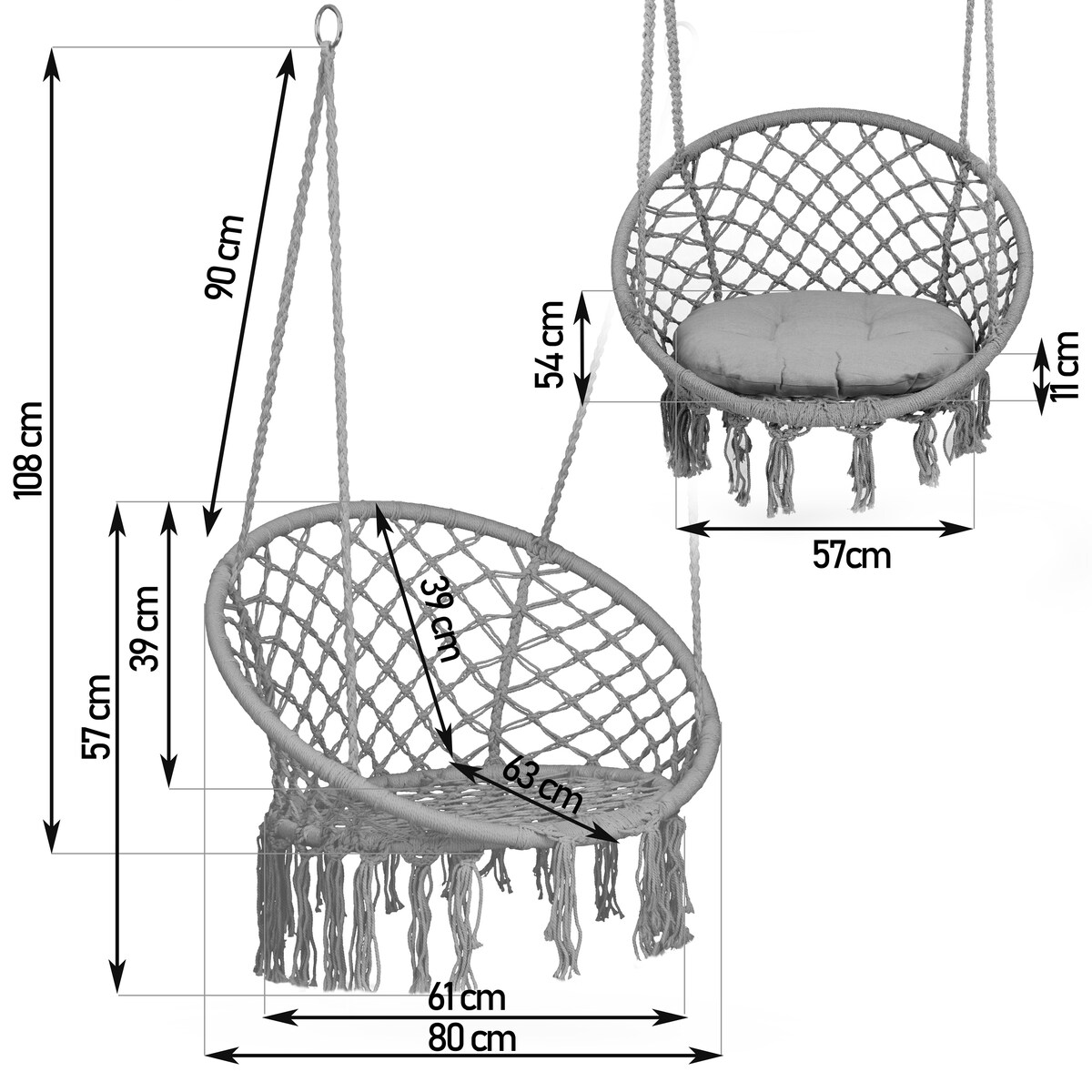 Huśtawka bocianie gniazdo ogrodowa z poduszką fotel wiszący boho Sofotel szara