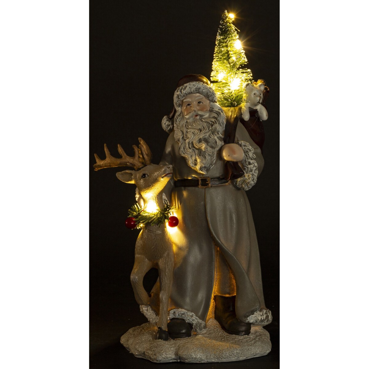 Figurka - Mikołaj LED z jelonkiem i workiem na plecach 29x14x14 cm