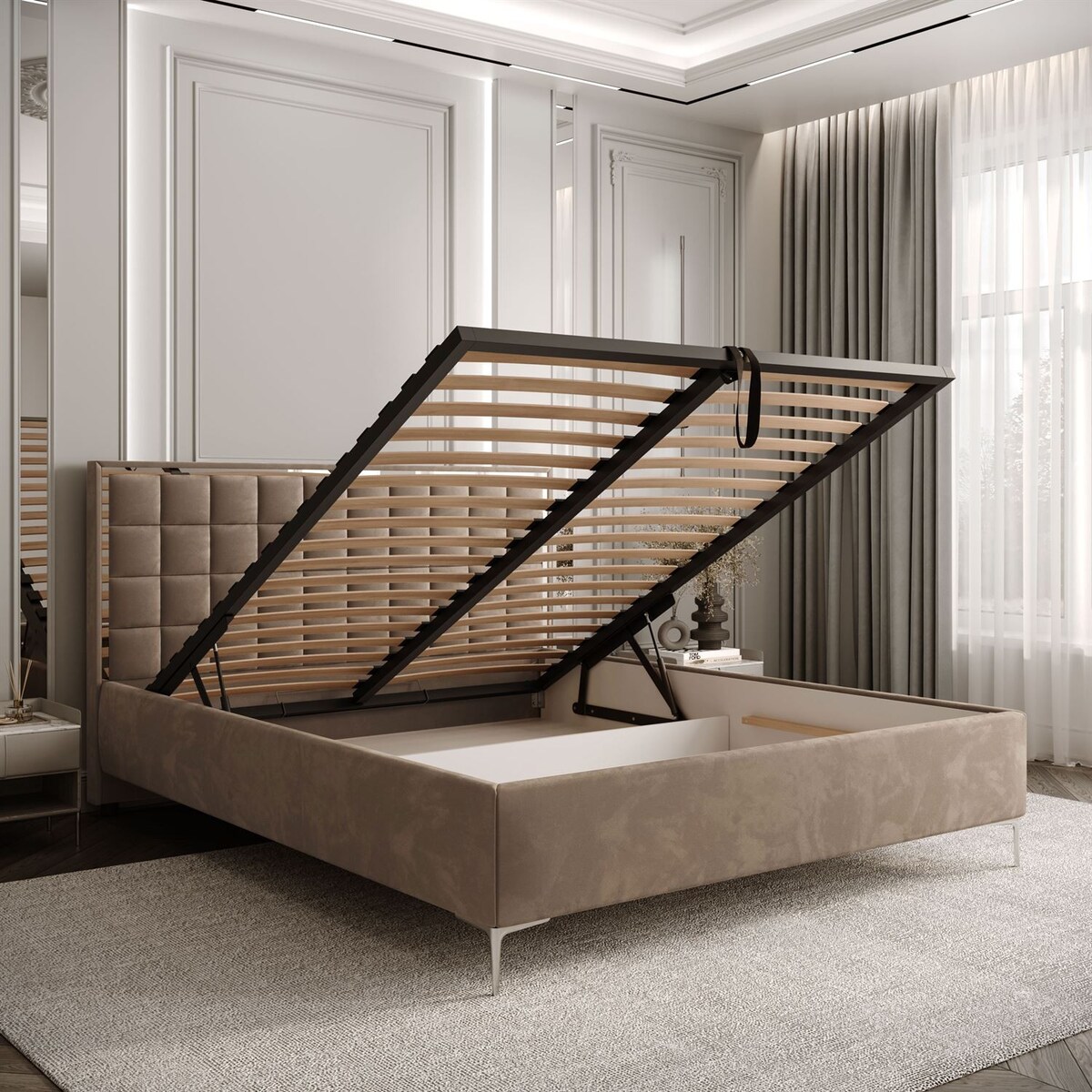 Łóżko tapicerowane ISADORA SILVER, pojemnik na pościel, stelaż 34, 180x200, RV 176