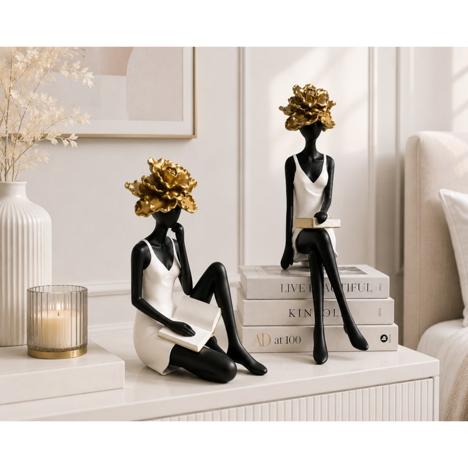 Figurka ceramiczna siedzącej kobiety 24,5x16,5x10,5 cm FIOR DORA-2 z książką i złotym kwiatem
