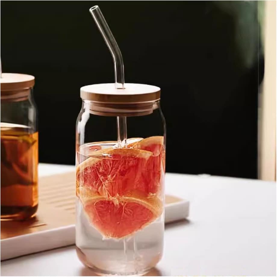 Szklanka 350ml z rurka i drewnianą przykrywka 1szt. do kawy, drinków, SZK210