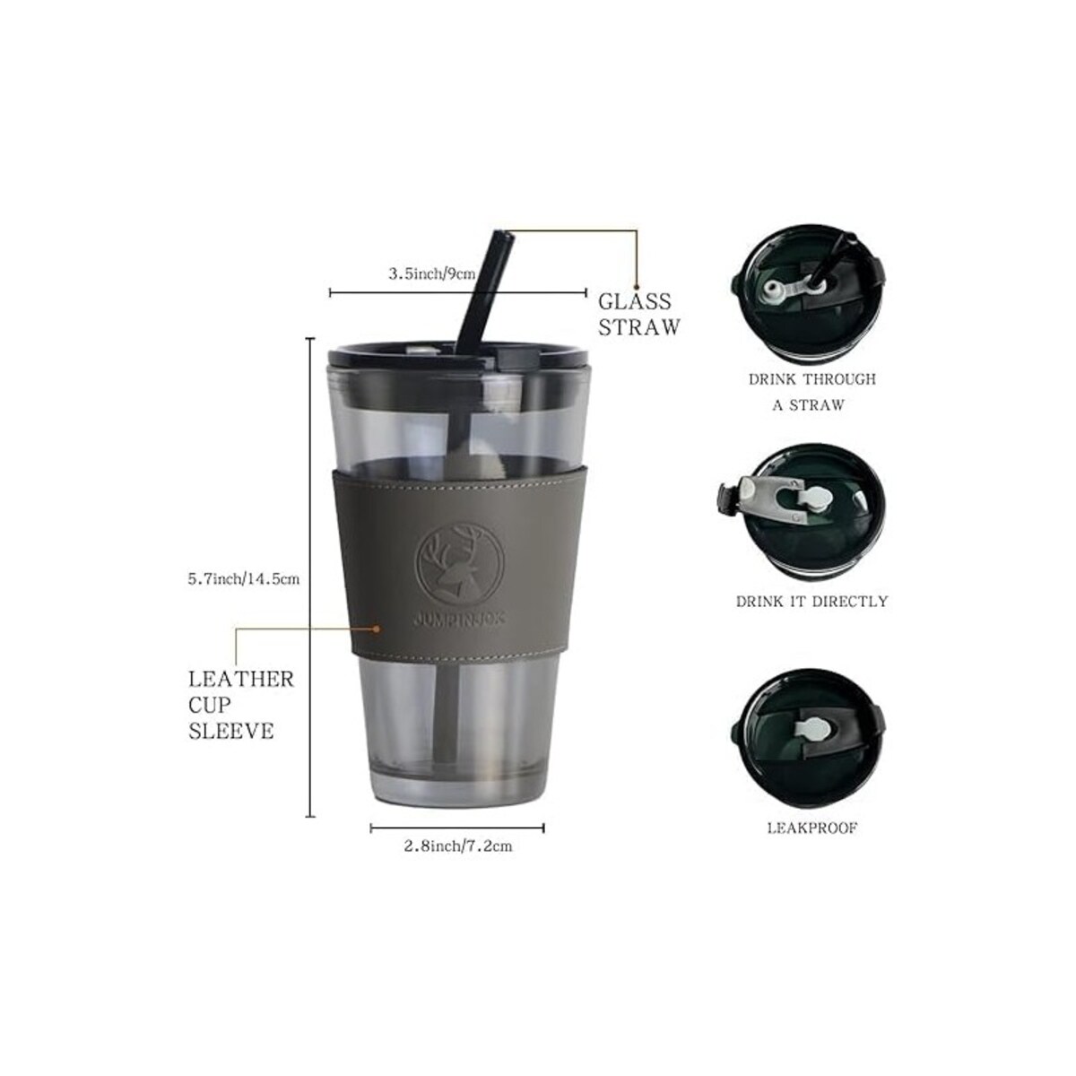 Kubek ze szkła na Kawę Herbatę ze słomką i zamknięciem 450 ML CUP09B