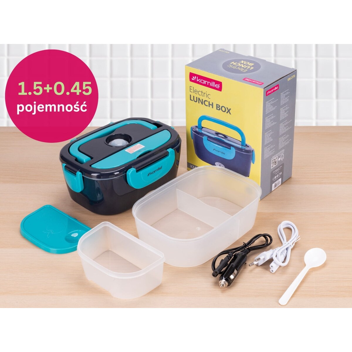 Elektryczny lunch box podgrzewany termos samochodowy do auta + wtyczka KAMILLE