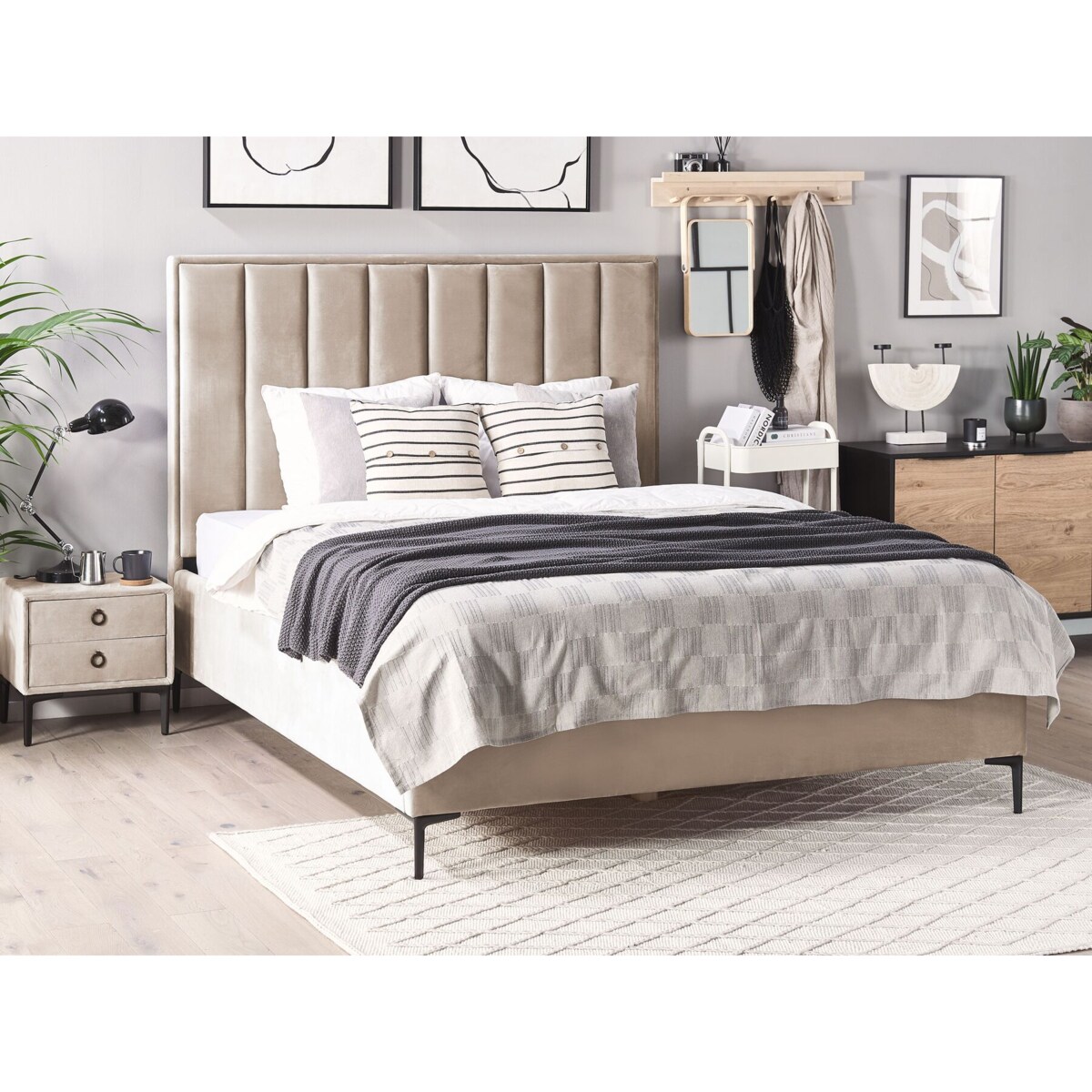 Zestaw do sypialni Welur SEZANNE 160 x 200 cm Beżowoszary