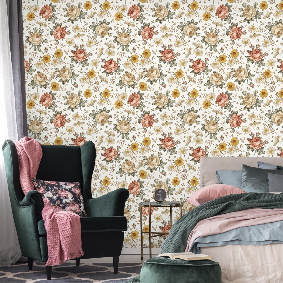 Tapeta Kwiaty Rumianek Róże w Stylu Vintage