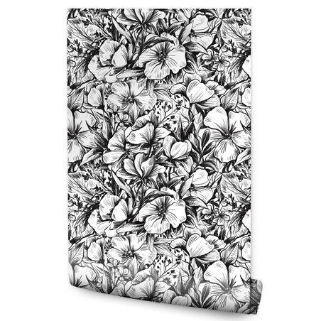 Tapeta Czarno-Białe Kwiaty i Liście