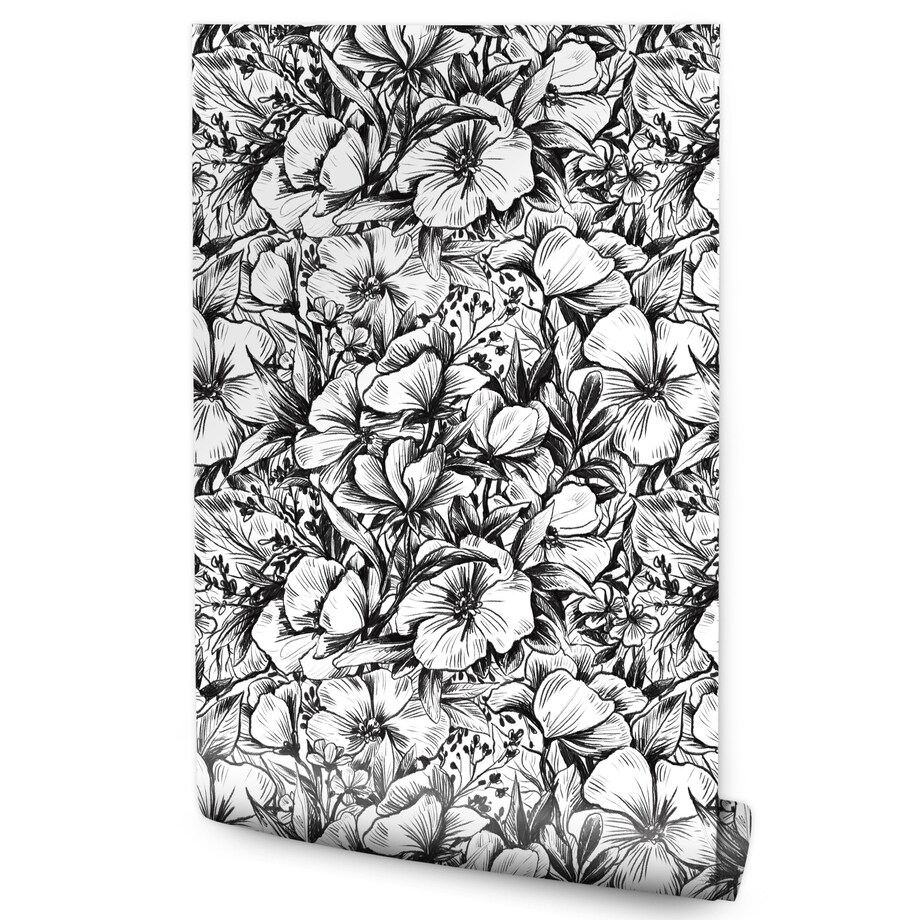 Tapeta Czarno-Białe Kwiaty i Liście