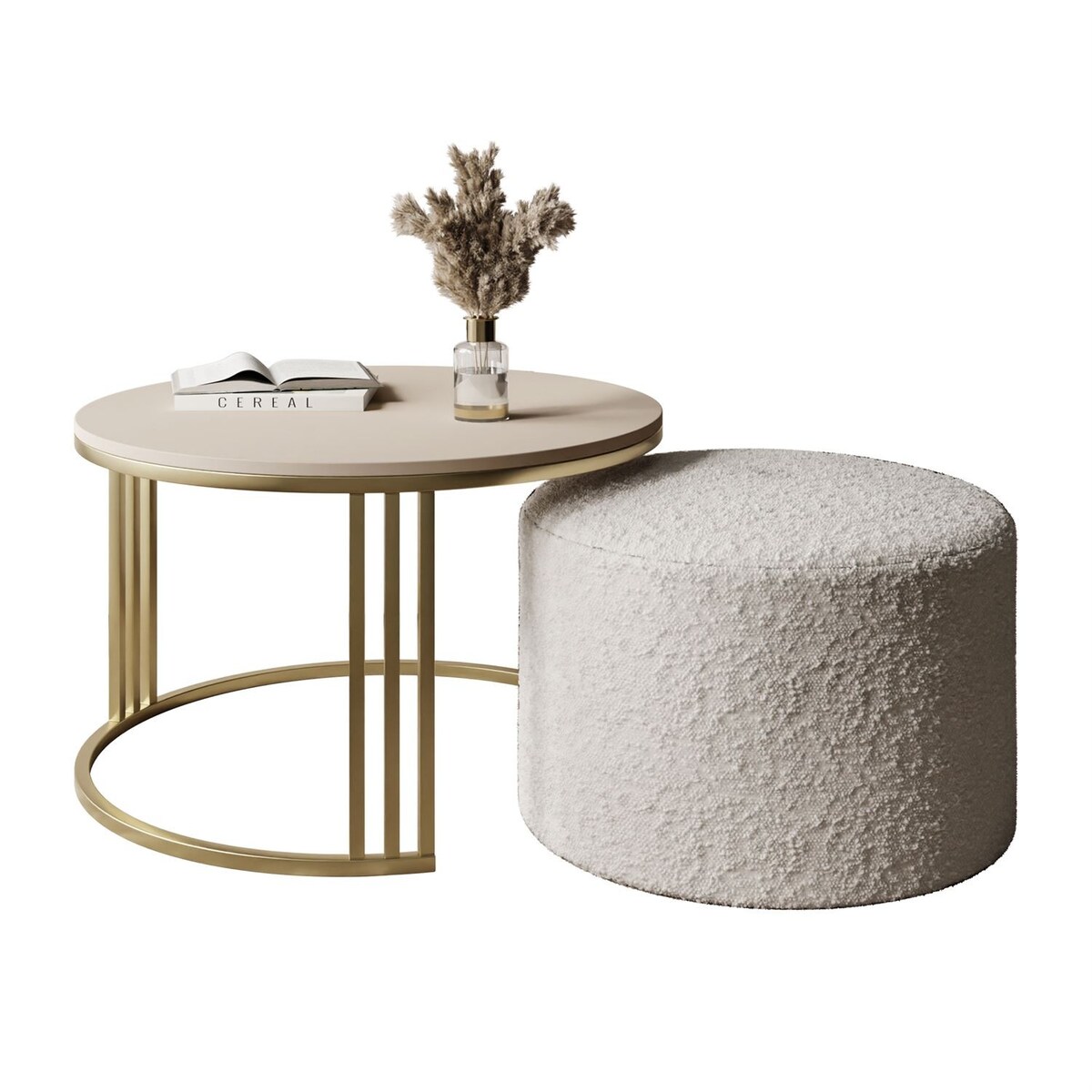 Stolik kawowy z pufą LORI MAT złoto szczotkowane,kaszmir mat / Coral 65
