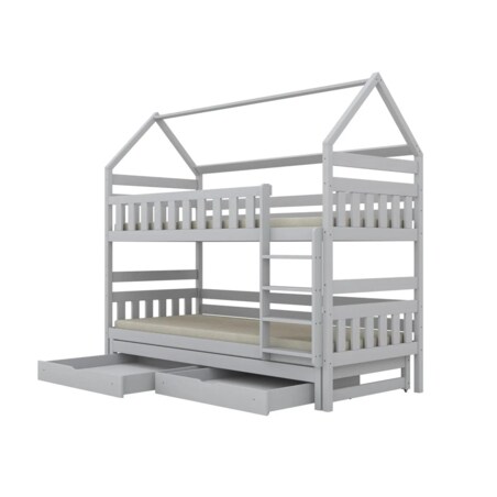 Łóżko piętrowe domek FELIKS 180x80 białe drewniane trzyosobowe z szufladami