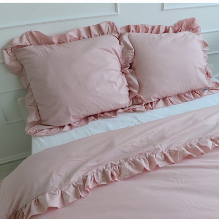 Pościel Bawełniana Z Ozdobną Falbanką Zestaw Komplet Do Sypialni Brudny Róż 140X200 Cm + Poduszka 70X80 Cm